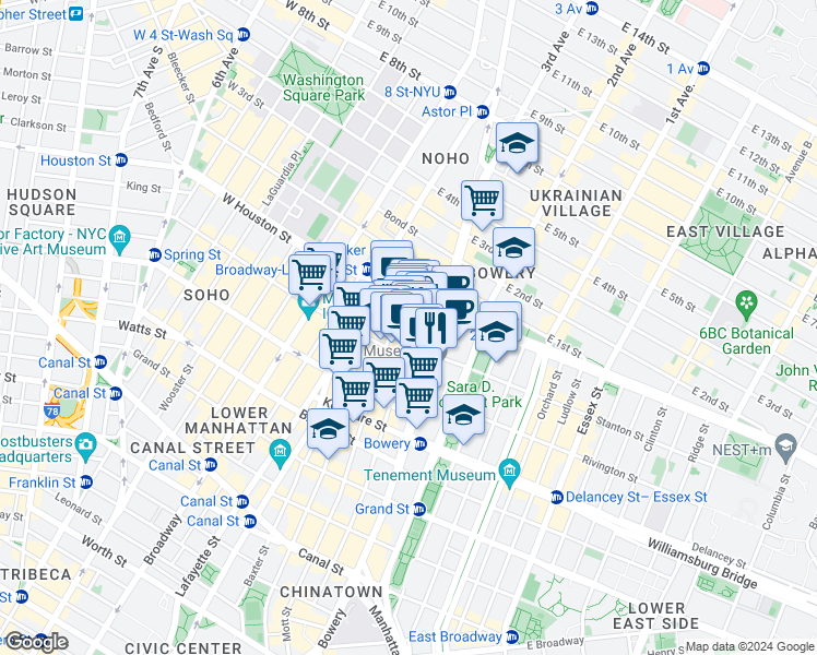 map of restaurants, bars, coffee shops, grocery stores, and more near 259 Elizabeth Street in New York