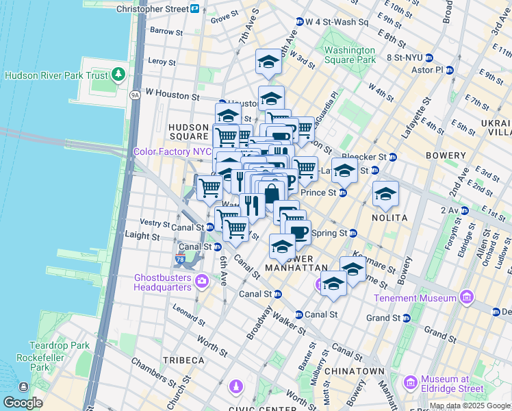 map of restaurants, bars, coffee shops, grocery stores, and more near 418 Broome Street in New York