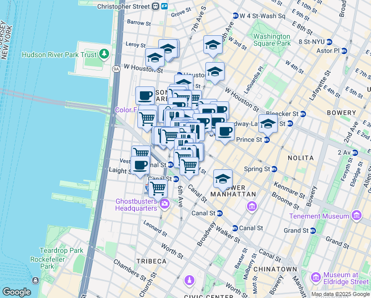 map of restaurants, bars, coffee shops, grocery stores, and more near 52-54 Watts Street in New York
