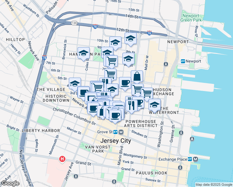 map of restaurants, bars, coffee shops, grocery stores, and more near 204 3rd Street in Jersey City