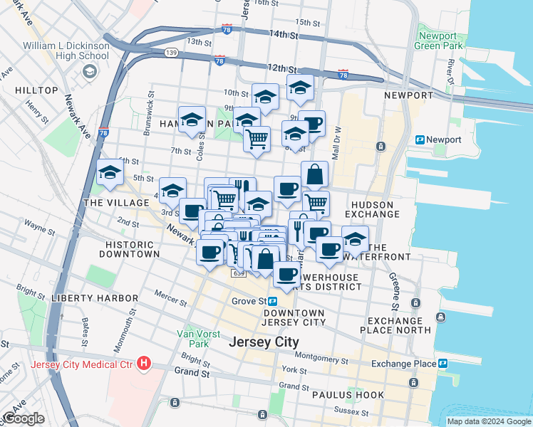 map of restaurants, bars, coffee shops, grocery stores, and more near 204 3rd Street in Jersey City