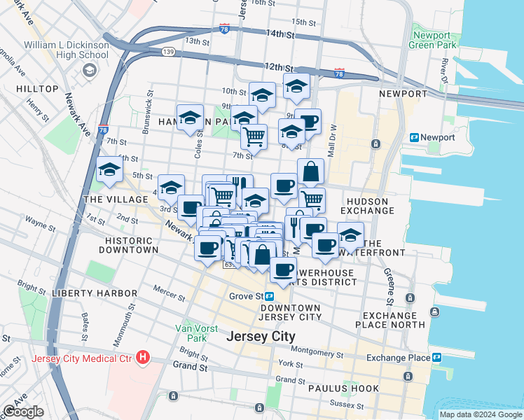 map of restaurants, bars, coffee shops, grocery stores, and more near 204 3rd Street in Jersey City