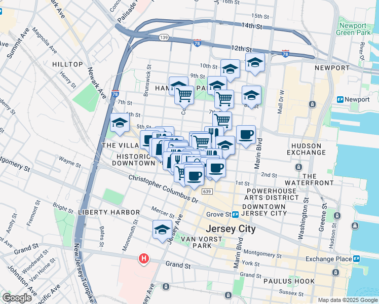 map of restaurants, bars, coffee shops, grocery stores, and more near 579 Jersey Avenue in Jersey City