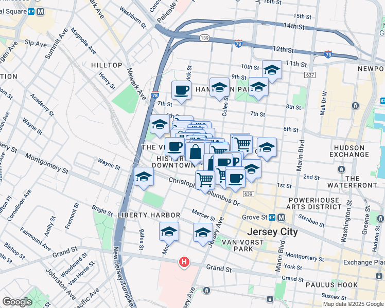 map of restaurants, bars, coffee shops, grocery stores, and more near 323 3rd Street in Jersey City