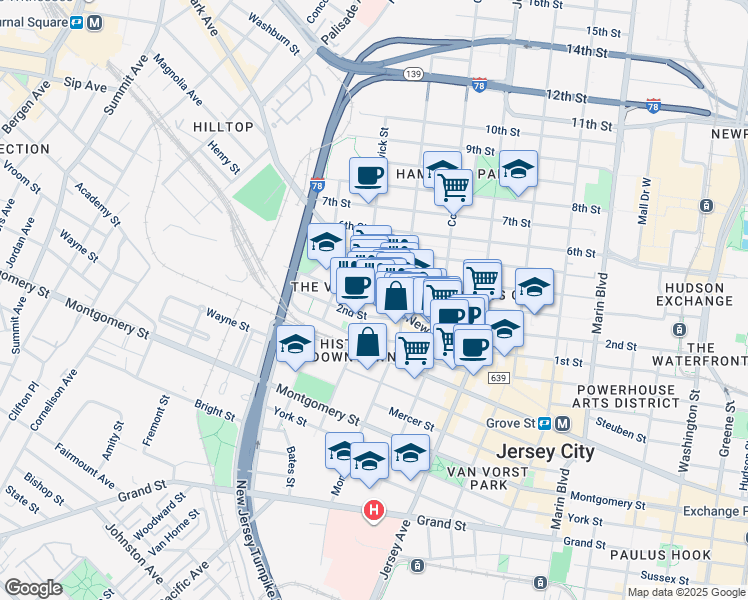 map of restaurants, bars, coffee shops, grocery stores, and more near 394 2nd Street in Jersey City