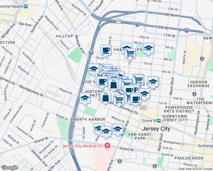 map of restaurants, bars, coffee shops, grocery stores, and more near in Jersey City