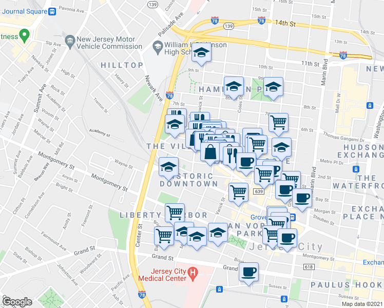map of restaurants, bars, coffee shops, grocery stores, and more near 394 2nd Street in Jersey City