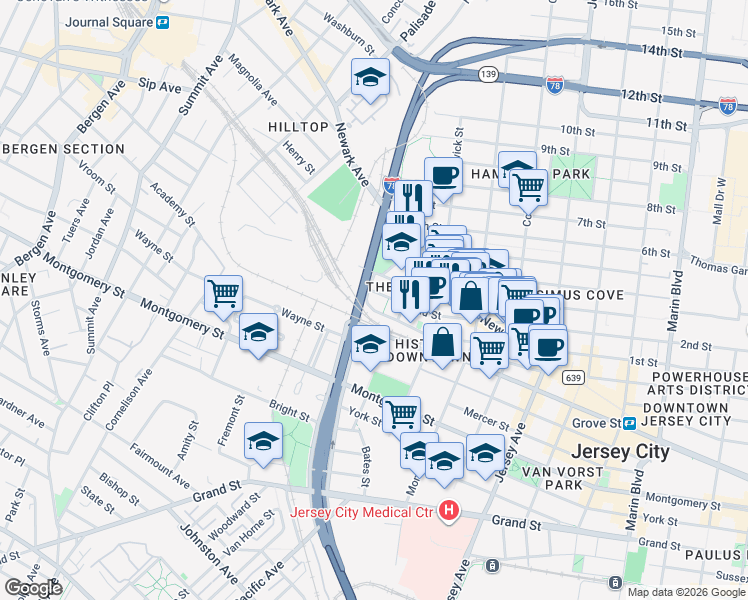 map of restaurants, bars, coffee shops, grocery stores, and more near 443 2nd Street in Jersey City