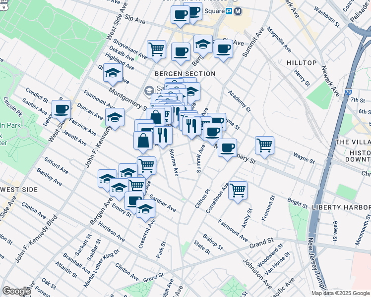 map of restaurants, bars, coffee shops, grocery stores, and more near 29 Orchard Street in Jersey City