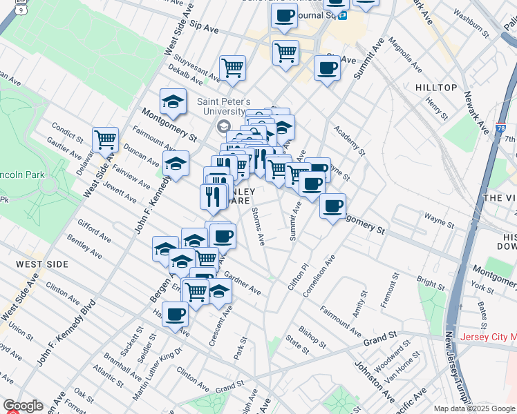 map of restaurants, bars, coffee shops, grocery stores, and more near 254 Monticello Avenue in Jersey City