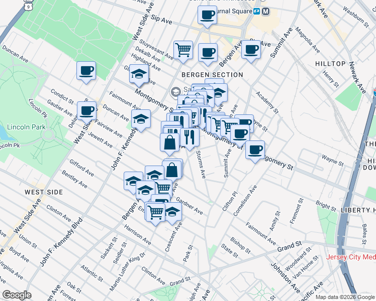 map of restaurants, bars, coffee shops, grocery stores, and more near 254 Monticello Avenue in Jersey City
