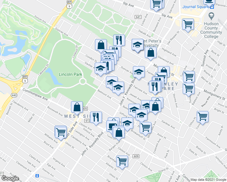 map of restaurants, bars, coffee shops, grocery stores, and more near 94 Kensington Avenue in Jersey City
