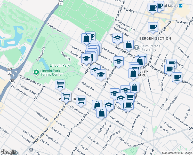 map of restaurants, bars, coffee shops, grocery stores, and more near 94 Kensington Avenue in Jersey City