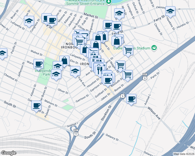 map of restaurants, bars, coffee shops, grocery stores, and more near 104 Houston Street in Newark