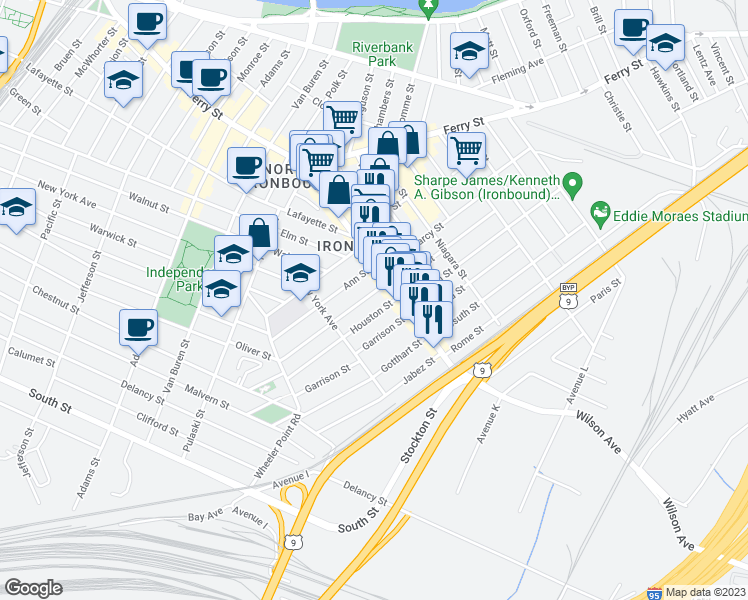 map of restaurants, bars, coffee shops, grocery stores, and more near 104 Houston Street in Newark