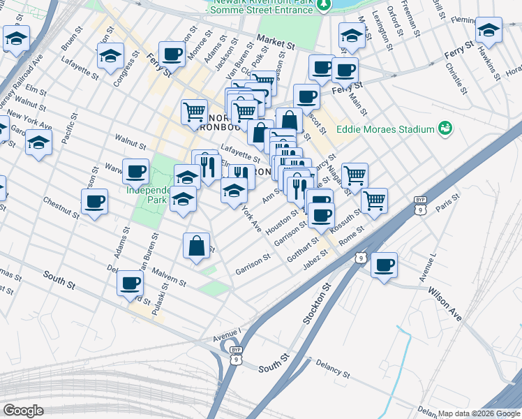 map of restaurants, bars, coffee shops, grocery stores, and more near 69 Ann Street in Newark