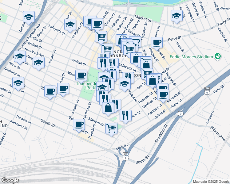 map of restaurants, bars, coffee shops, grocery stores, and more near 205 Warwick Street in Newark