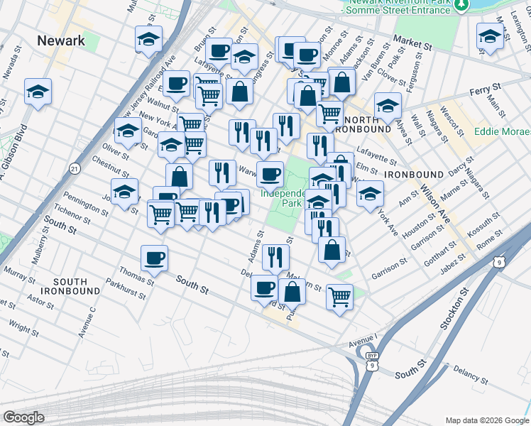map of restaurants, bars, coffee shops, grocery stores, and more near 250 Adams Street in Newark
