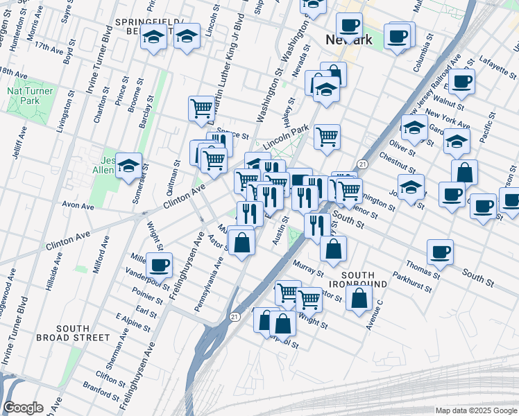 map of restaurants, bars, coffee shops, grocery stores, and more near 1117 Broad Street in Newark