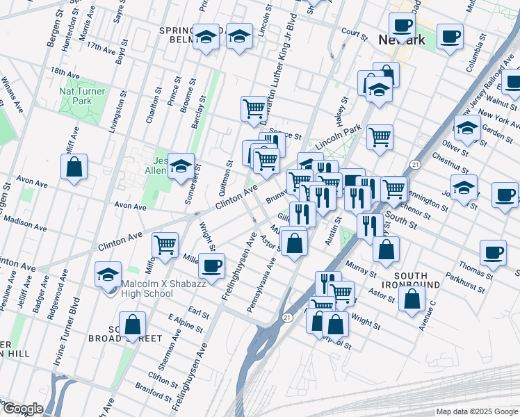 map of restaurants, bars, coffee shops, grocery stores, and more near 25a Sherman Avenue in Newark
