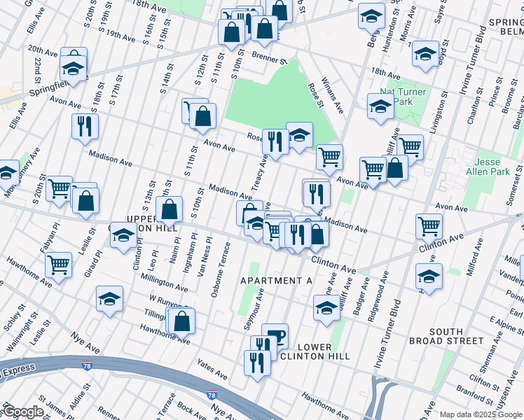 map of restaurants, bars, coffee shops, grocery stores, and more near 84 Treacy Avenue in Newark
