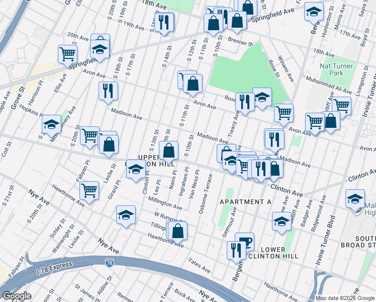 map of restaurants, bars, coffee shops, grocery stores, and more near 822-824 South 10th Street in Newark