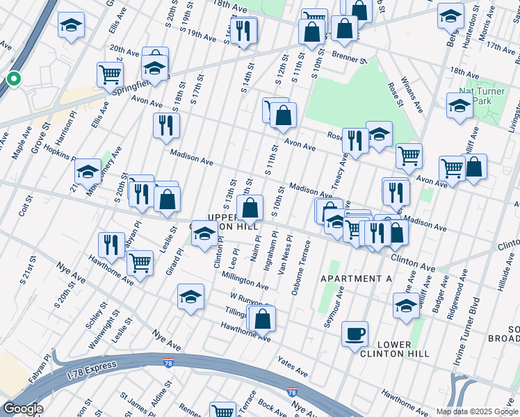 map of restaurants, bars, coffee shops, grocery stores, and more near 865 South 11th Street in Newark