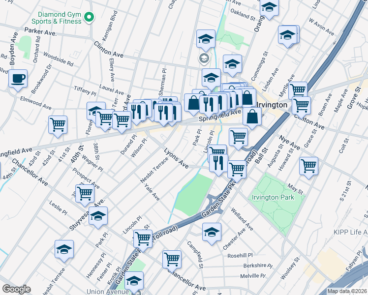 map of restaurants, bars, coffee shops, grocery stores, and more near 52 Nesbit Terrace in Irvington