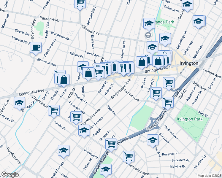 map of restaurants, bars, coffee shops, grocery stores, and more near 699 Stuyvesant Avenue in Irvington