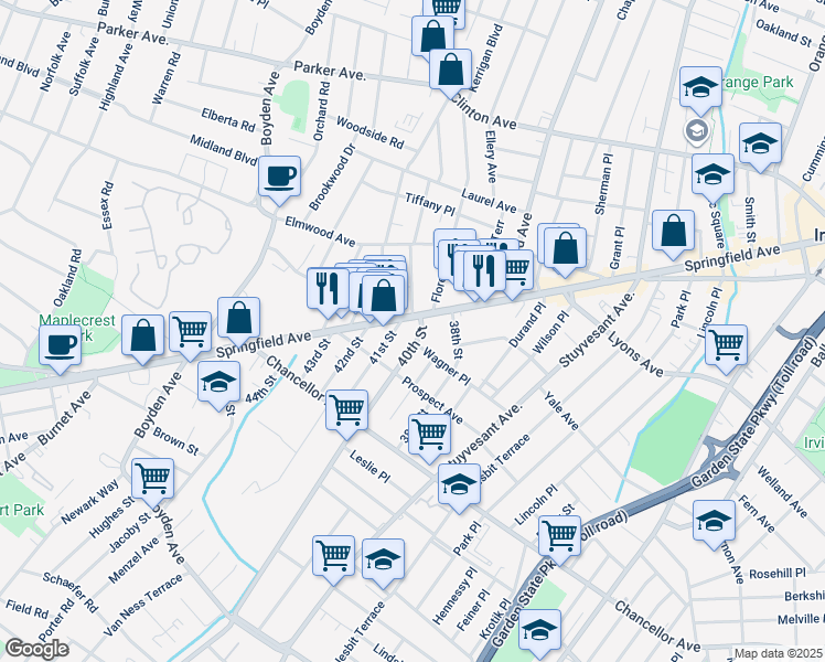 map of restaurants, bars, coffee shops, grocery stores, and more near 19 40th Street in Irvington