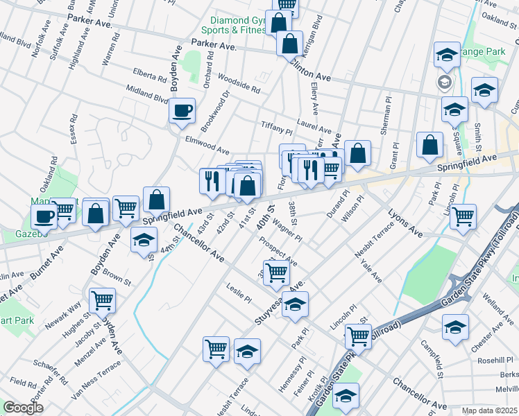 map of restaurants, bars, coffee shops, grocery stores, and more near 19 40th Street in Irvington