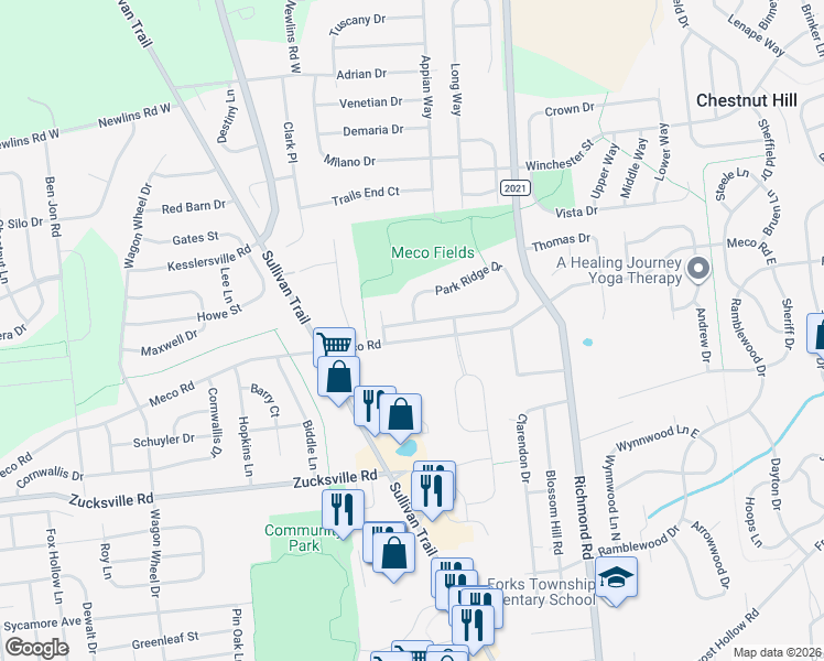map of restaurants, bars, coffee shops, grocery stores, and more near 158 Park Ridge Drive in Easton