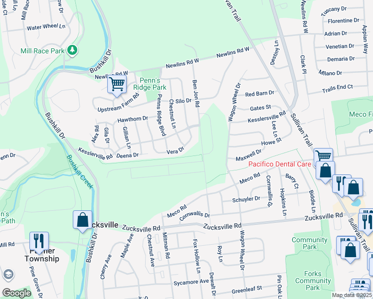 map of restaurants, bars, coffee shops, grocery stores, and more near 1170 Vera Drive in Easton