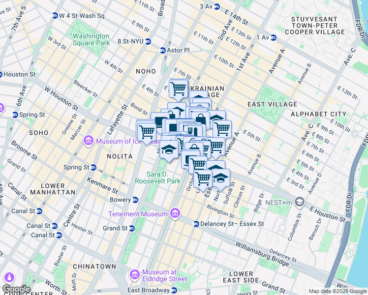 map of restaurants, bars, coffee shops, grocery stores, and more near East 1st Street in New York