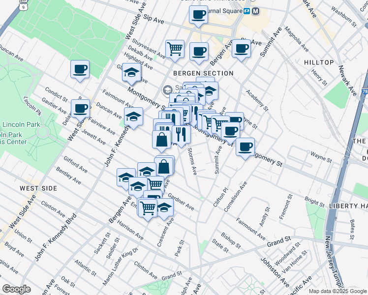 map of restaurants, bars, coffee shops, grocery stores, and more near 254 Monticello Avenue in Jersey City