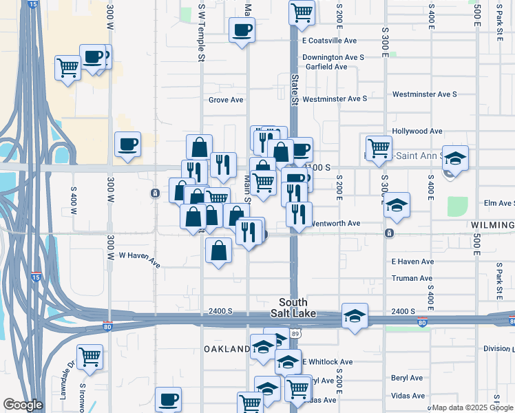 map of restaurants, bars, coffee shops, grocery stores, and more near 2195 Main Street in South Salt Lake
