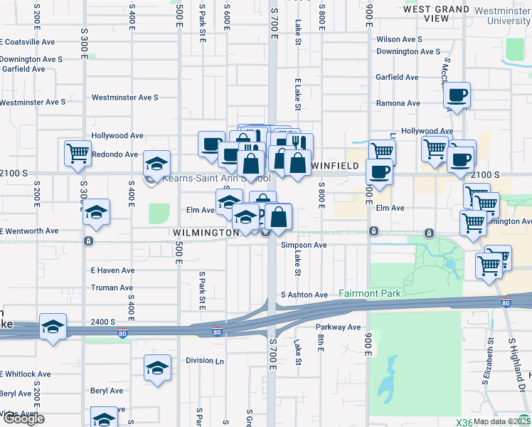 map of restaurants, bars, coffee shops, grocery stores, and more near 2180 700 East in Salt Lake City