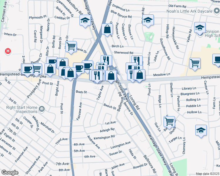 map of restaurants, bars, coffee shops, grocery stores, and more near 9 Diamond Avenue in East Meadow
