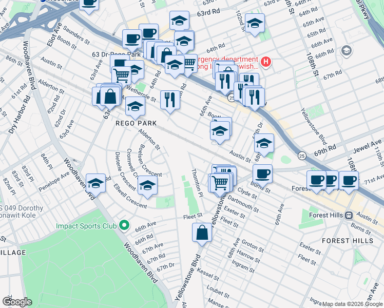 map of restaurants, bars, coffee shops, grocery stores, and more near 66-10 Thornton Place in Queens