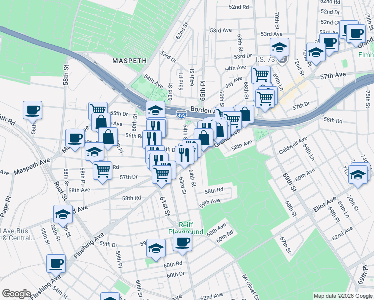 map of restaurants, bars, coffee shops, grocery stores, and more near in Queens