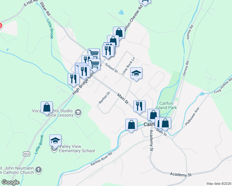 map of restaurants, bars, coffee shops, grocery stores, and more near 79 Main Street in Califon