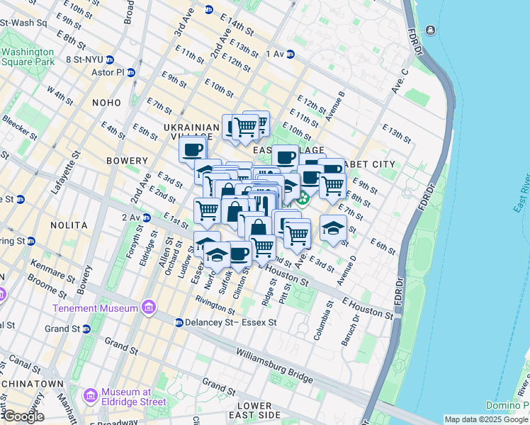 map of restaurants, bars, coffee shops, grocery stores, and more near 231 East 4th Street in New York