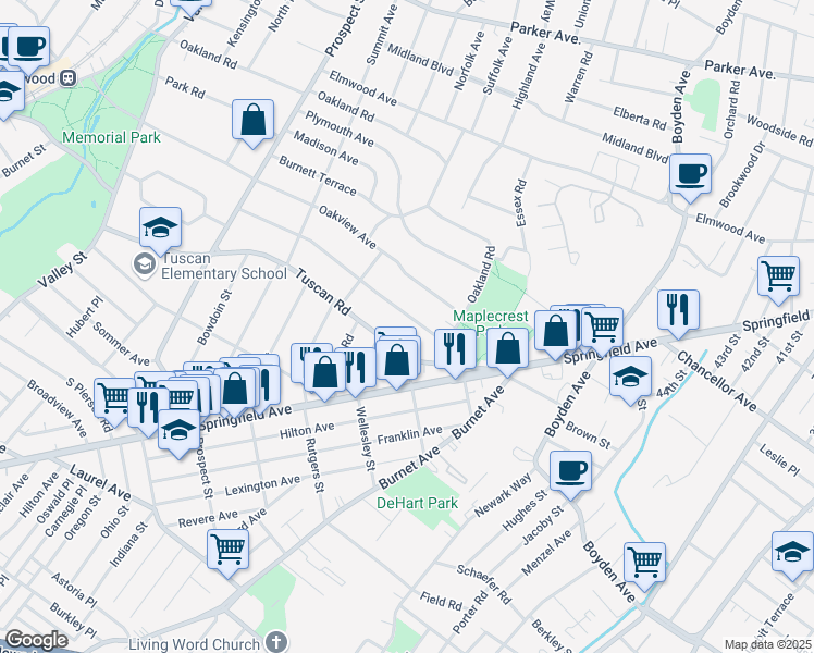map of restaurants, bars, coffee shops, grocery stores, and more near 82 Courter Avenue in Maplewood
