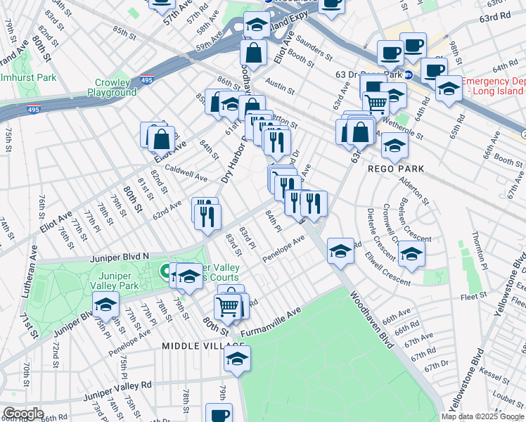 map of restaurants, bars, coffee shops, grocery stores, and more near 84-18 63rd Avenue in Queens