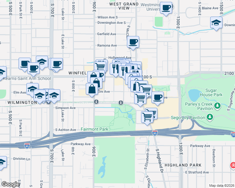 map of restaurants, bars, coffee shops, grocery stores, and more near 1014 E Elm Ave in Salt Lake City