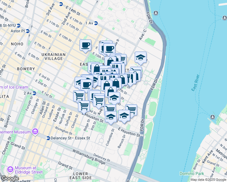 map of restaurants, bars, coffee shops, grocery stores, and more near 19 Loisaida Avenue in New York