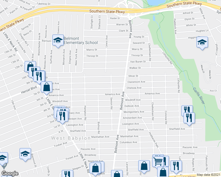 map of restaurants, bars, coffee shops, grocery stores, and more near 226 Chelsea Avenue in West Babylon