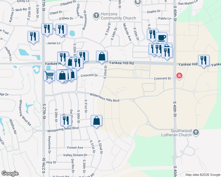 map of restaurants, bars, coffee shops, grocery stores, and more near 8800 South 33rd Street in Lincoln