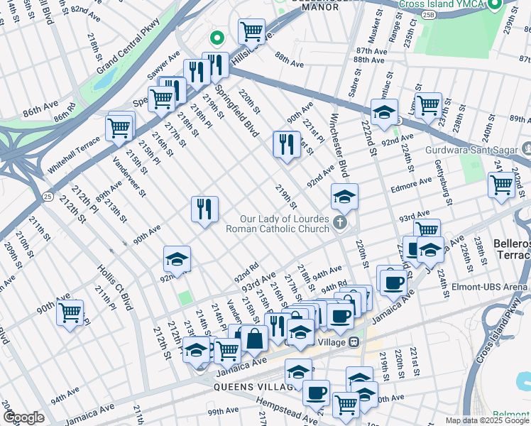 map of restaurants, bars, coffee shops, grocery stores, and more near 91-37 218th Street in Queens