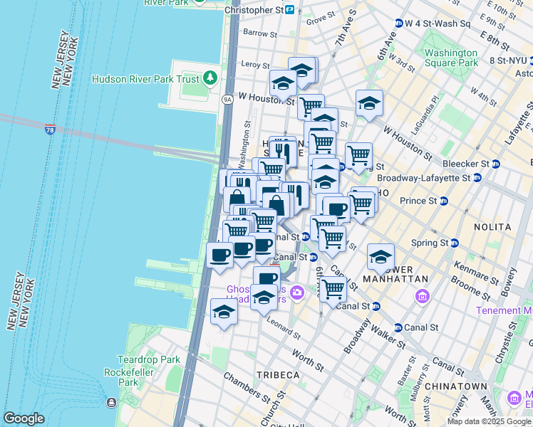 map of restaurants, bars, coffee shops, grocery stores, and more near 480 Canal Street in New York